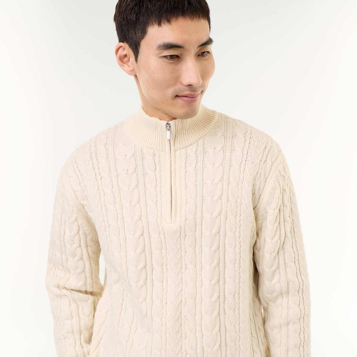 Cable Knit Zip-Up Funnel Neck Sweater WHITE