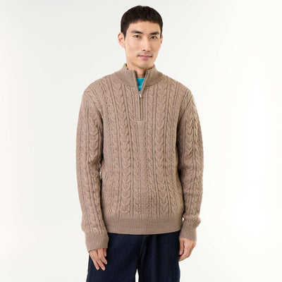 Cable Knit Zip-Up Funnel Neck Sweater BEIGE