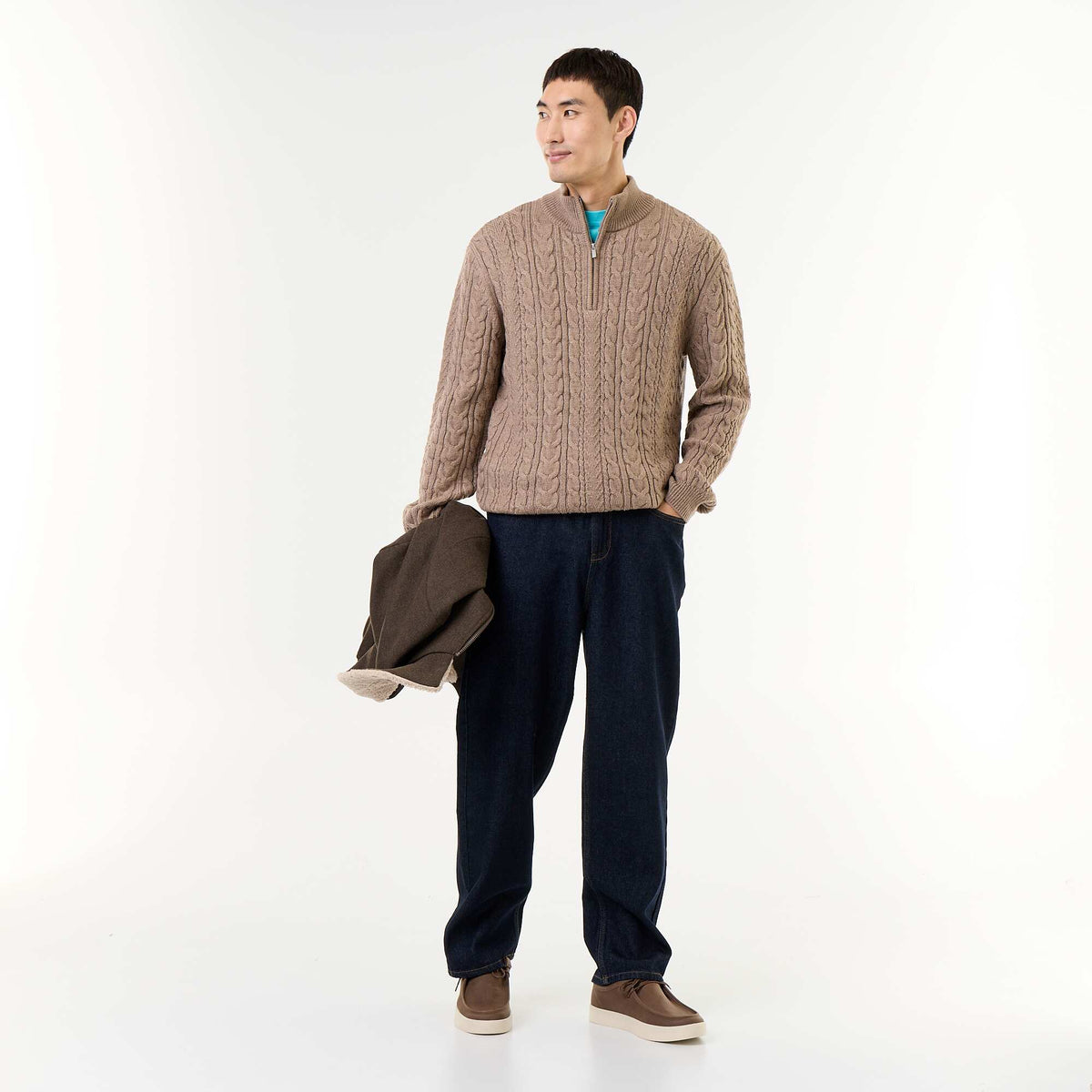 Cable Knit Zip-Up Funnel Neck Sweater BEIGE