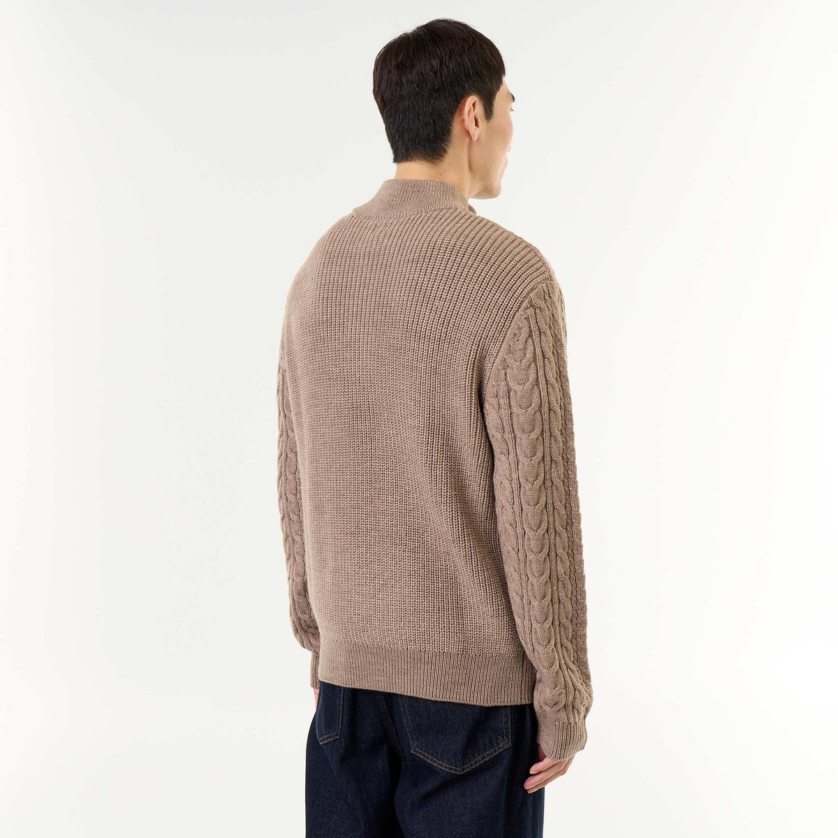Cable Knit Zip-Up Funnel Neck Sweater BEIGE