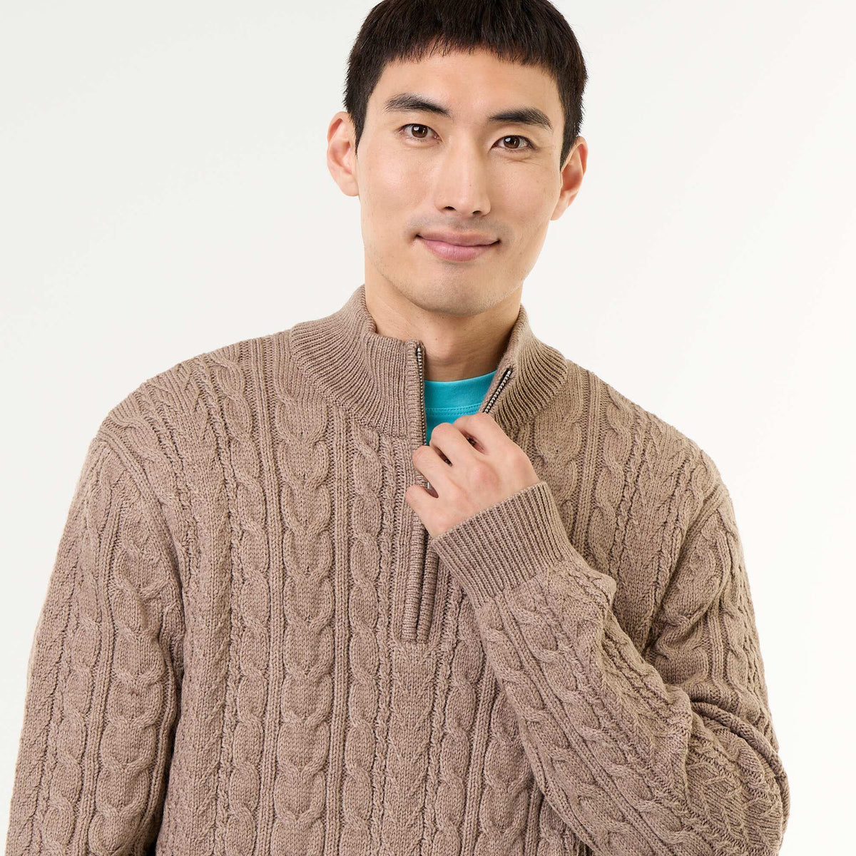Cable Knit Zip-Up Funnel Neck Sweater BEIGE