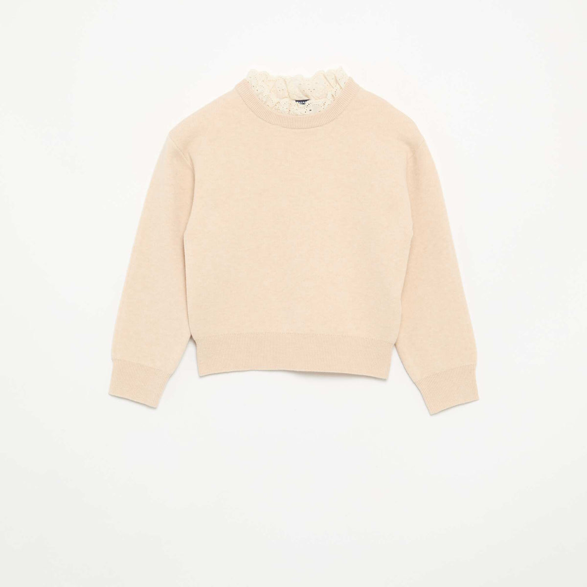 Crew Neck Sweater with 2-in-1 Broderie Anglaise Effect BEIGE