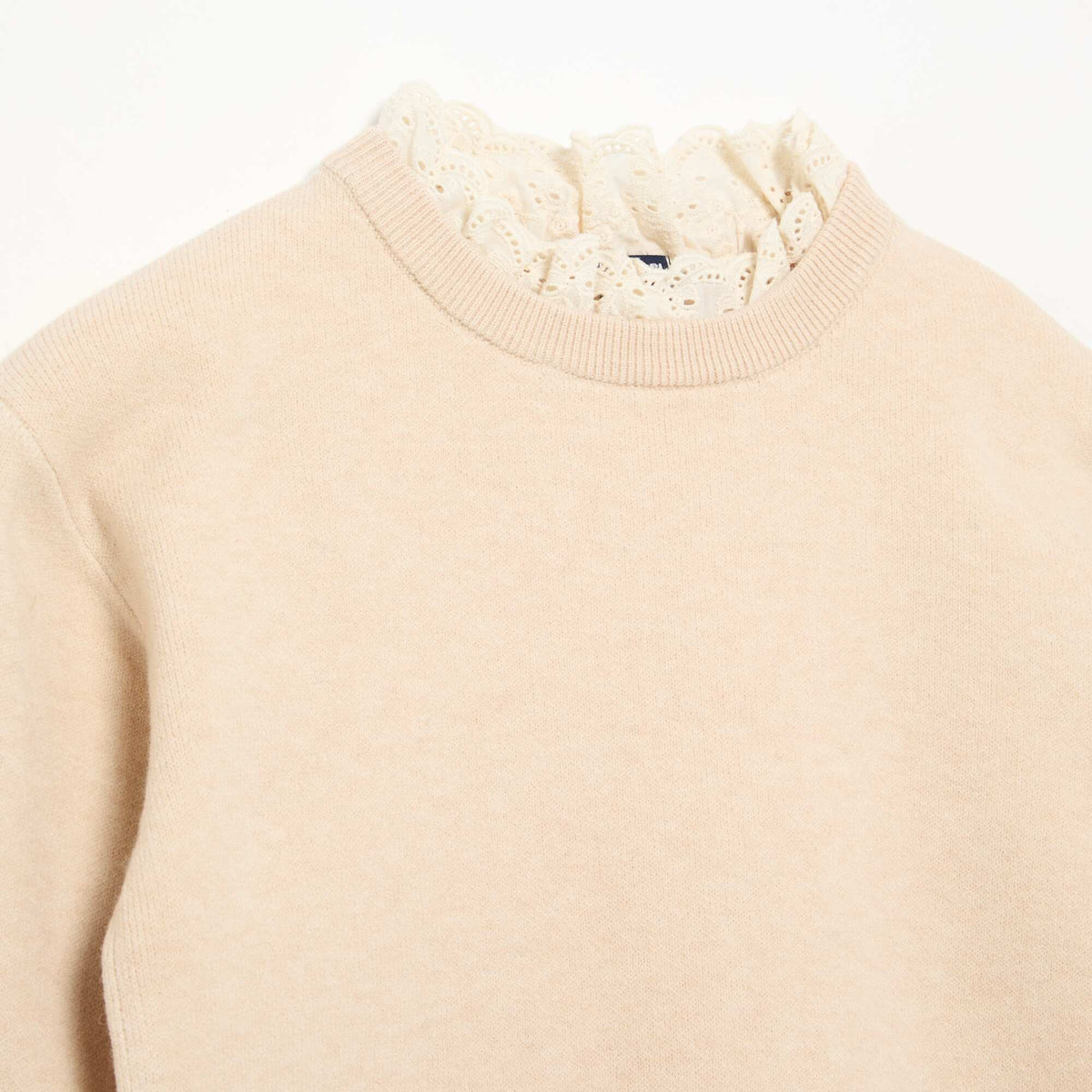 Crew Neck Sweater with 2-in-1 Broderie Anglaise Effect BEIGE