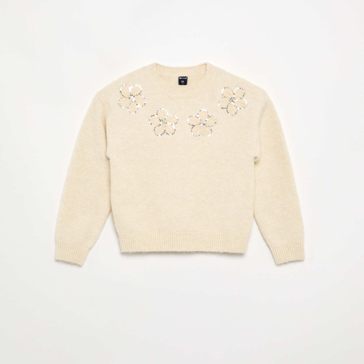 Embroidered Flower and Sequin Sweater BEIGE