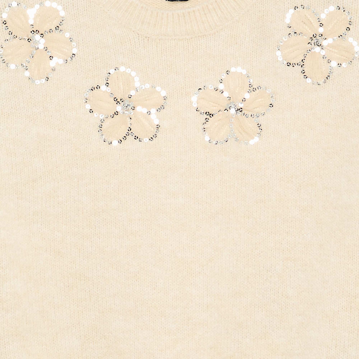 Embroidered Flower and Sequin Sweater BEIGE