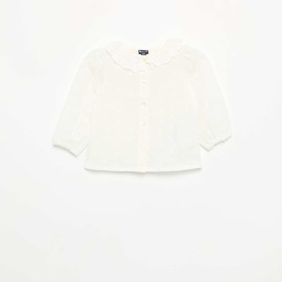 Long-sleeved cotton voile blouse with embroidered flowers WHITE