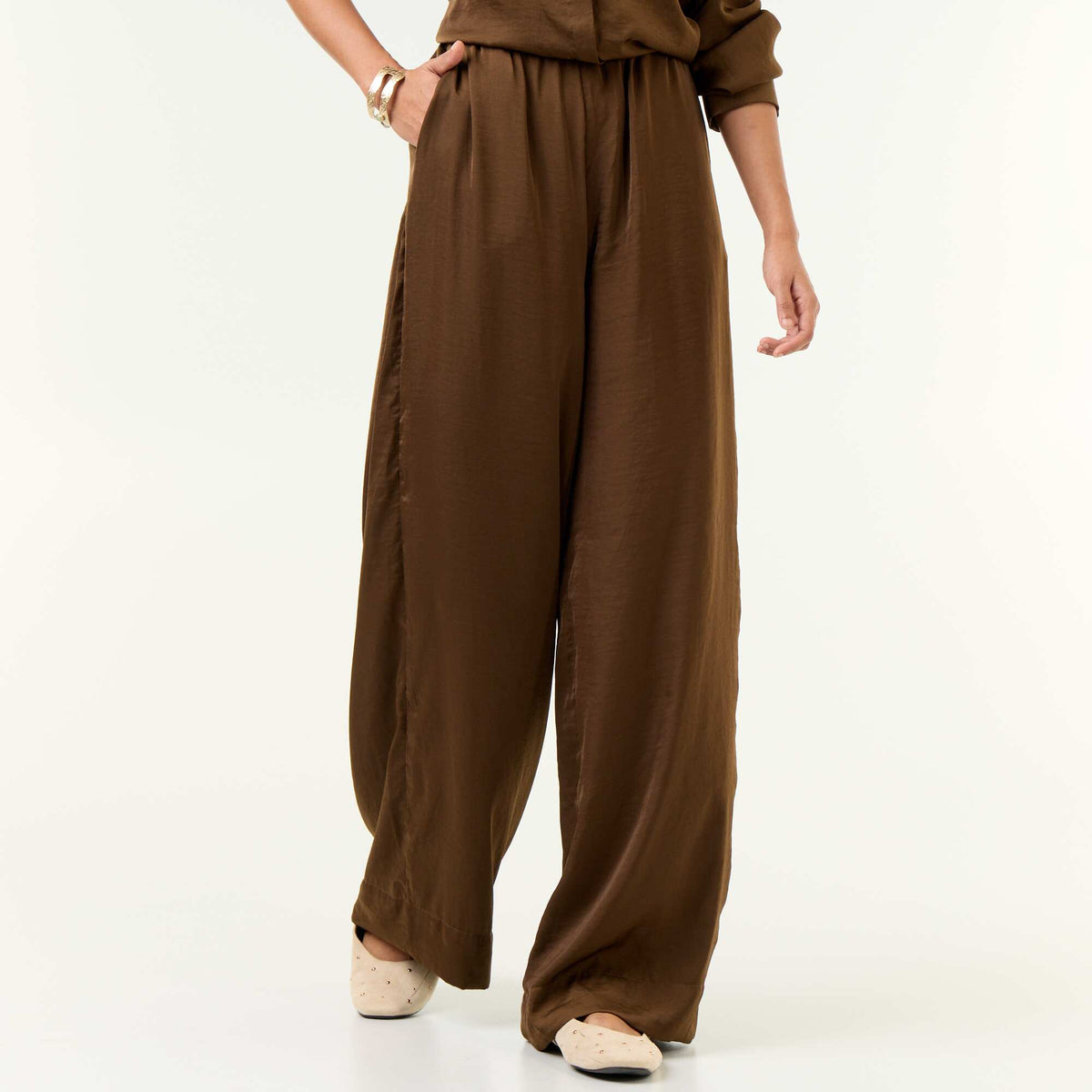 Satin-effect wide-leg trousers KHAKI