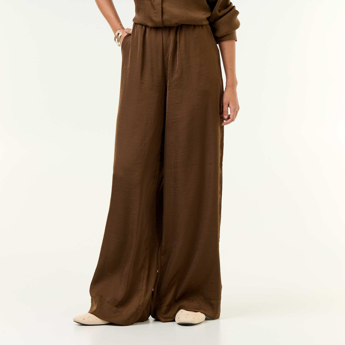 Satin-effect wide-leg trousers KHAKI