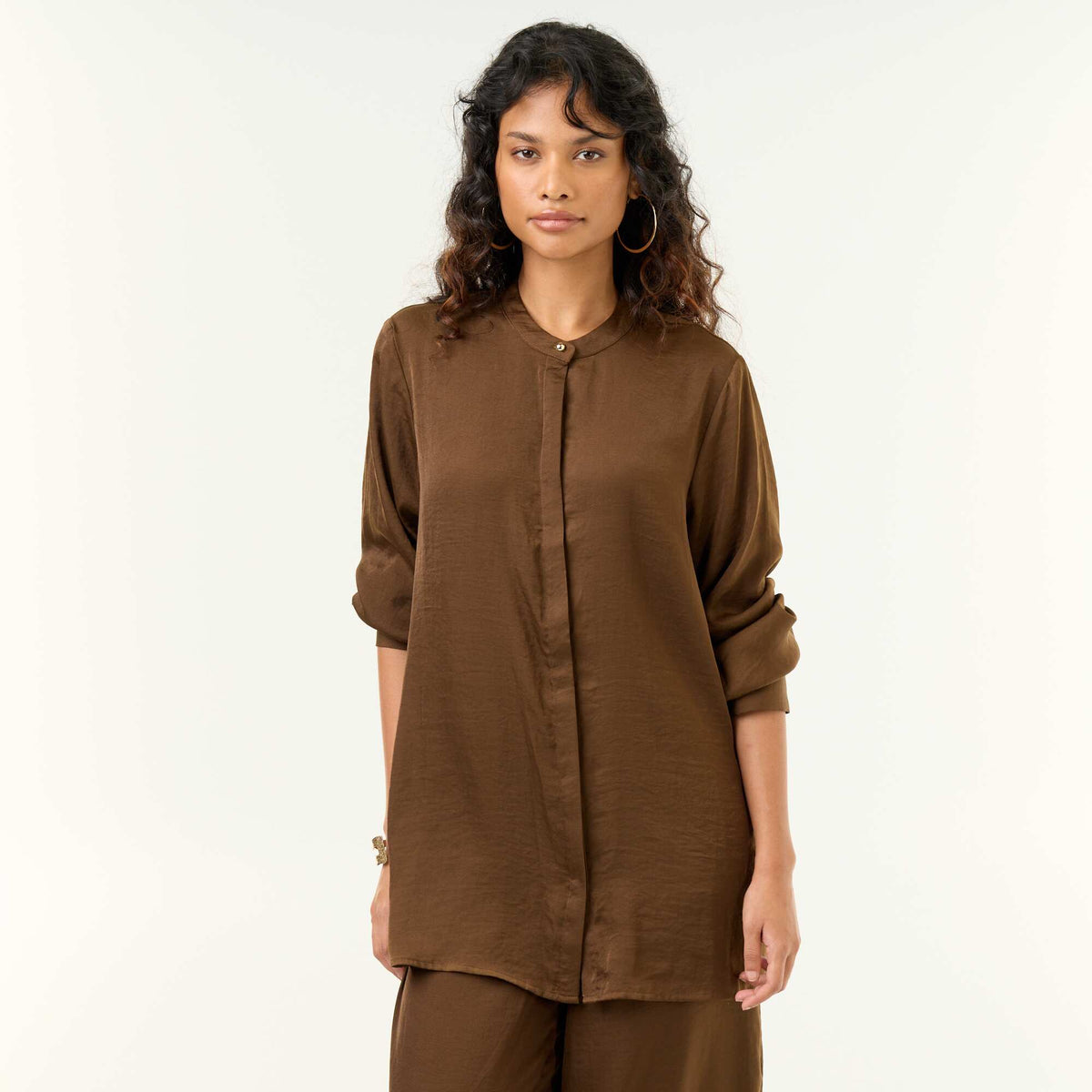 Satin Mandarin Collar Blouse KHAKI