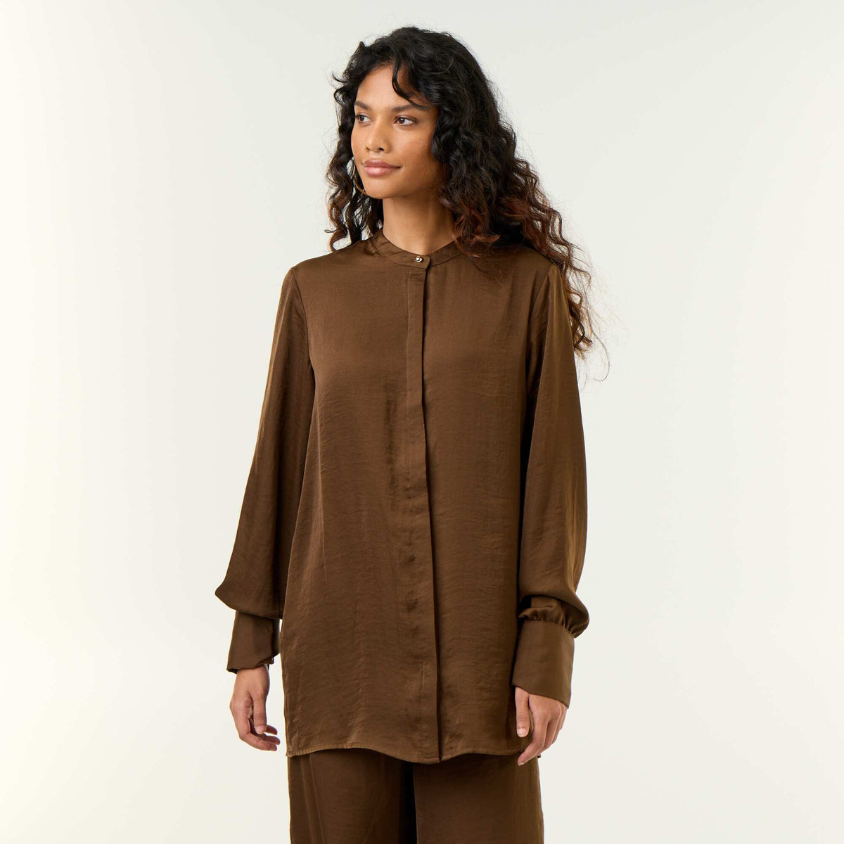 Satin Mandarin Collar Blouse KHAKI