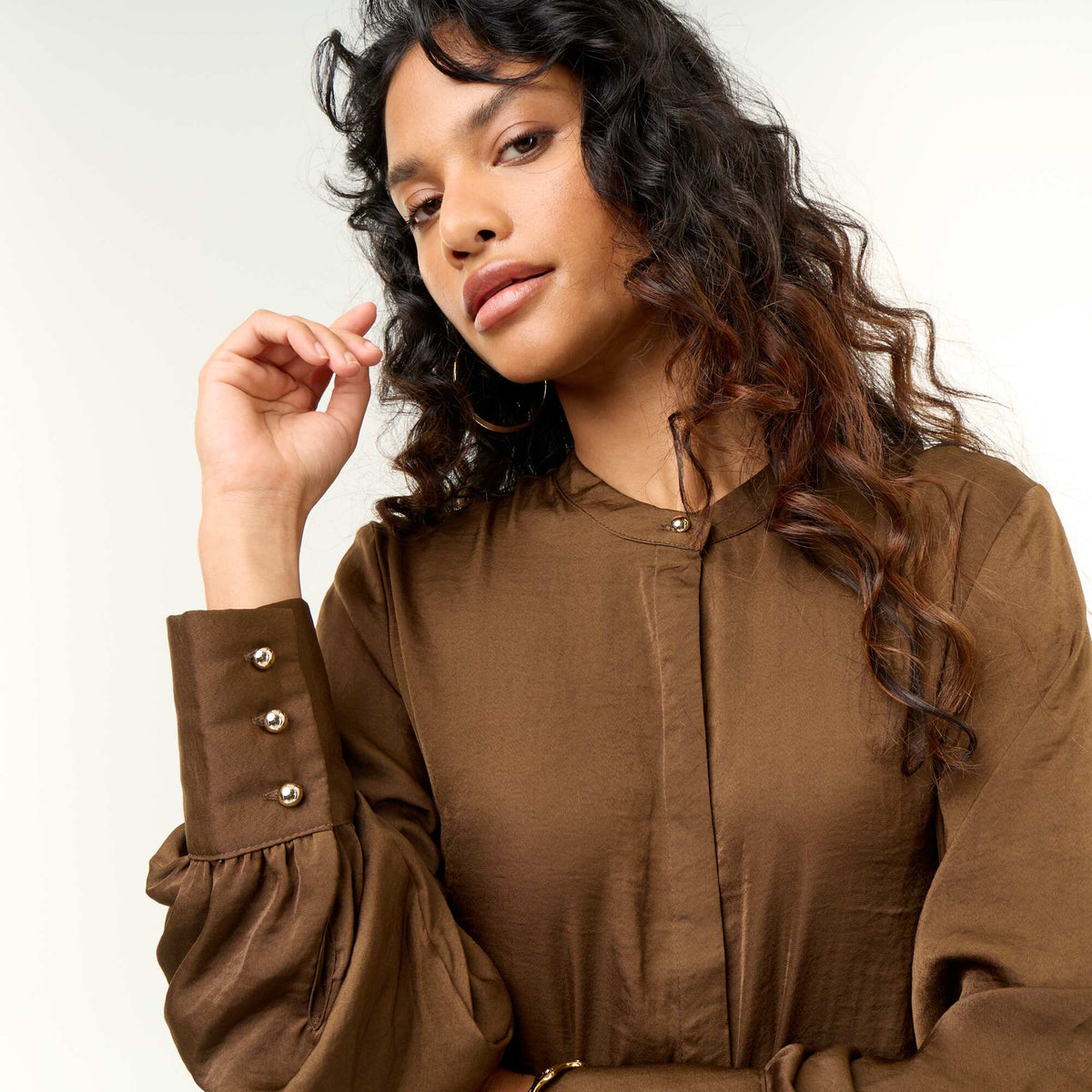 Satin Mandarin Collar Blouse KHAKI