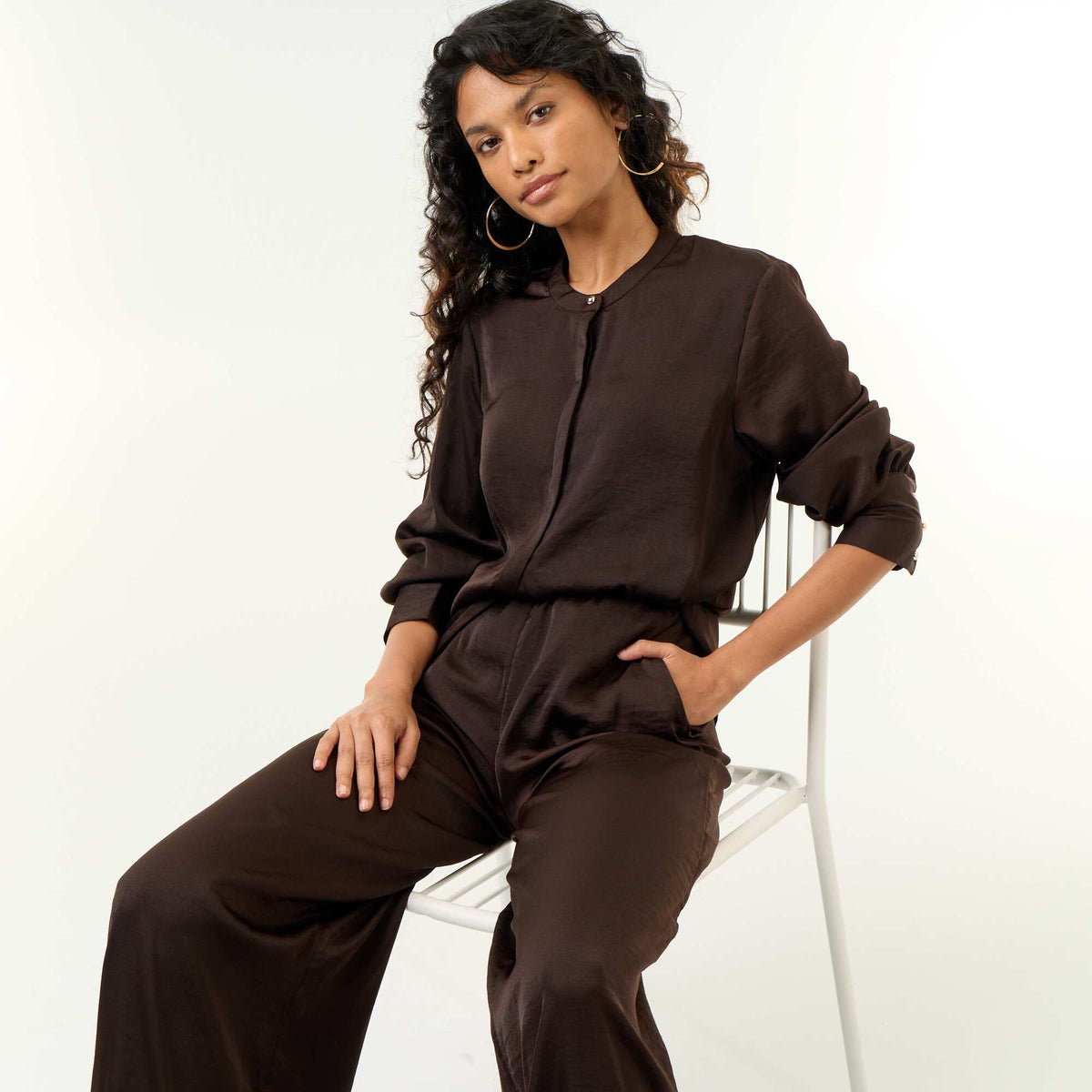 Satin Mandarin Collar Blouse BROWN