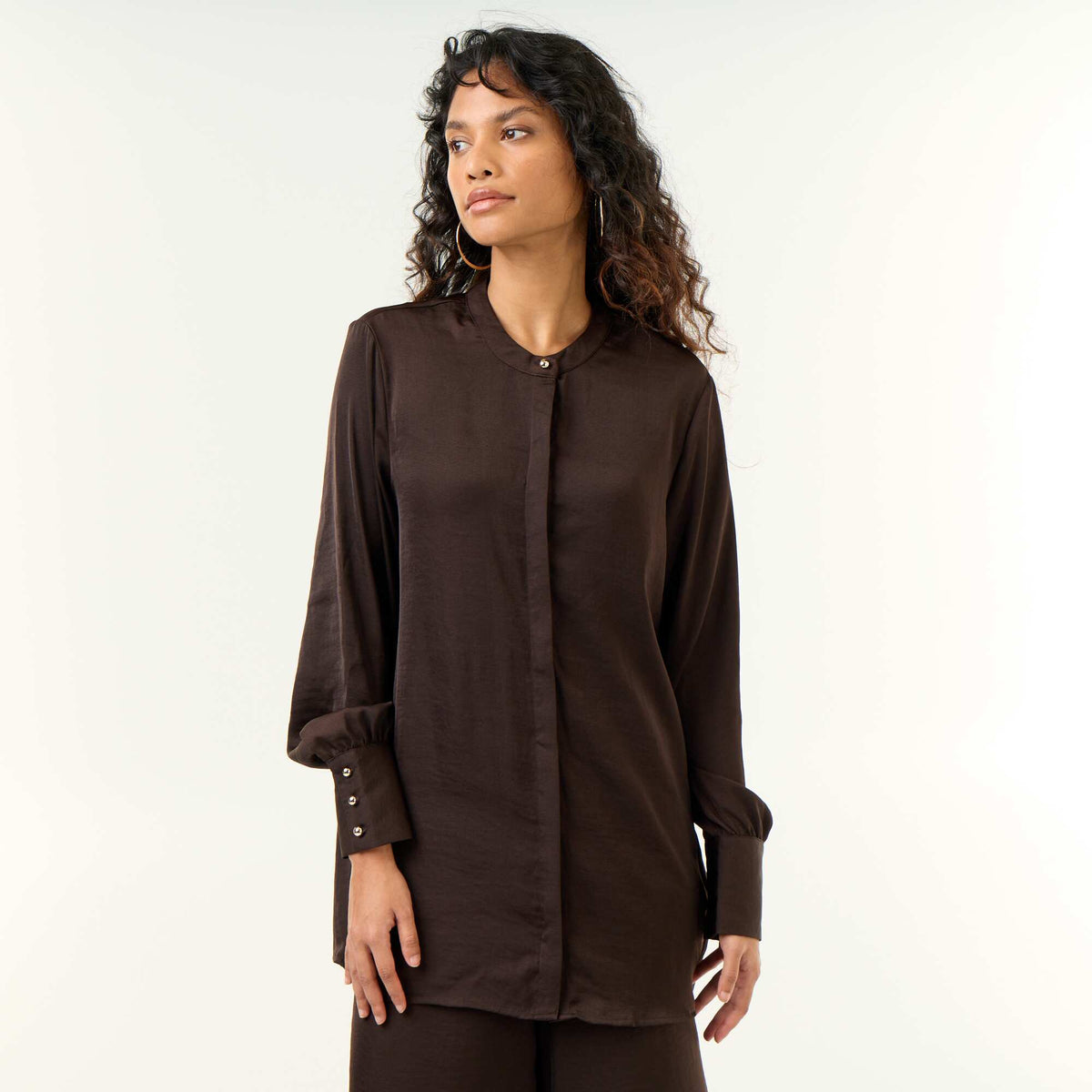 Satin Mandarin Collar Blouse BROWN