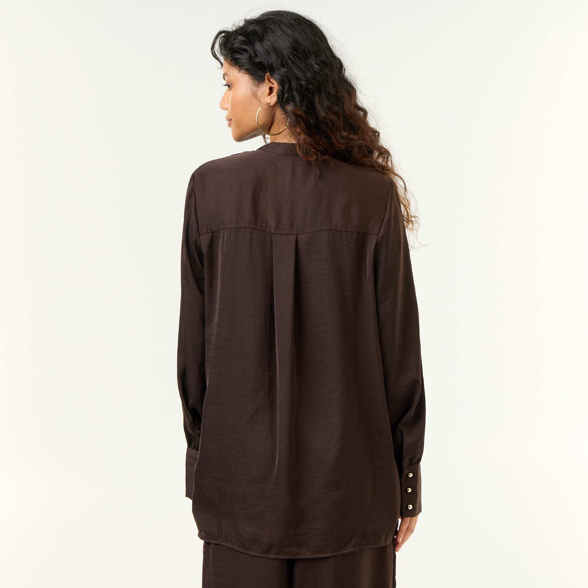 Satin Mandarin Collar Blouse BROWN