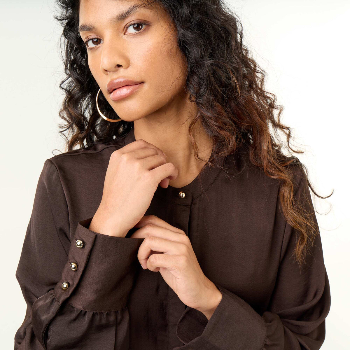 Satin Mandarin Collar Blouse BROWN