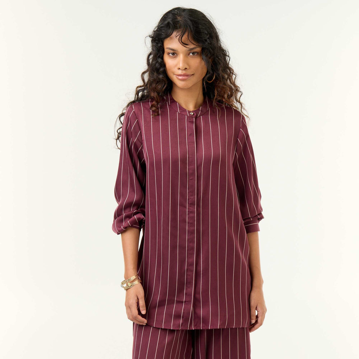 Satin Mandarin Collar Blouse PURPLE