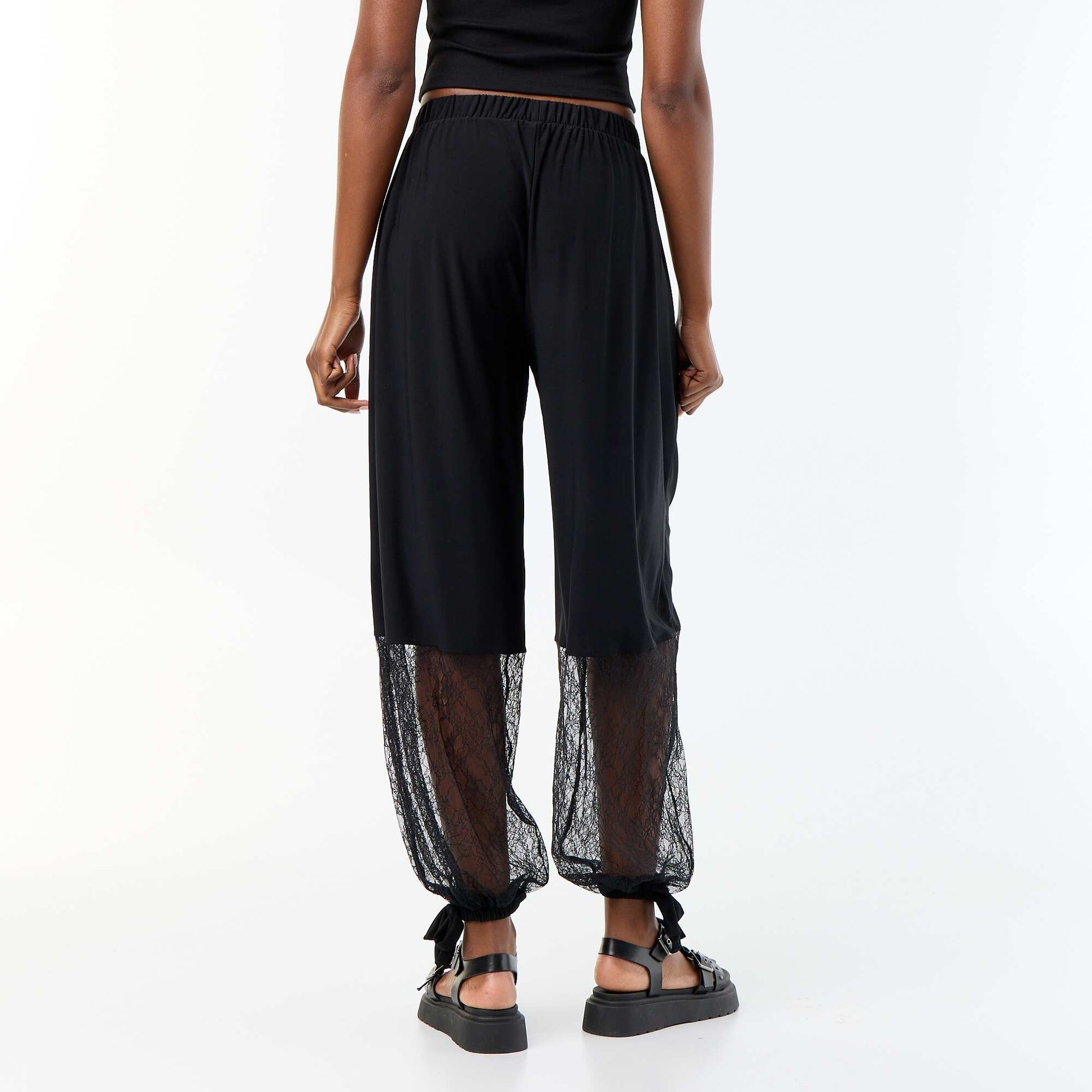 Balloon-Fit Wide-Leg Trousers with Lace Trim BLACK