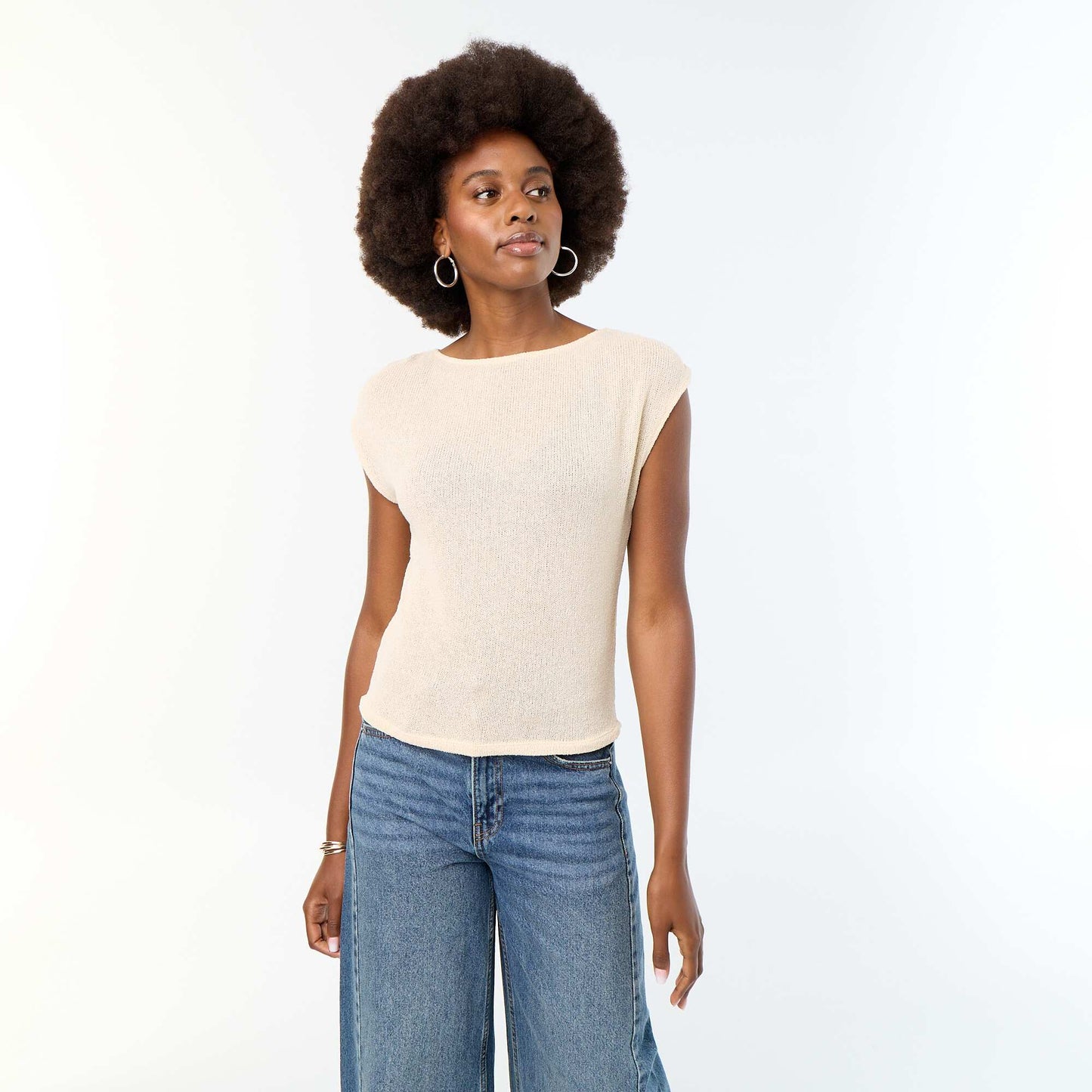 Sleeveless Open-Knit Boat Neck T-shirt WHITE