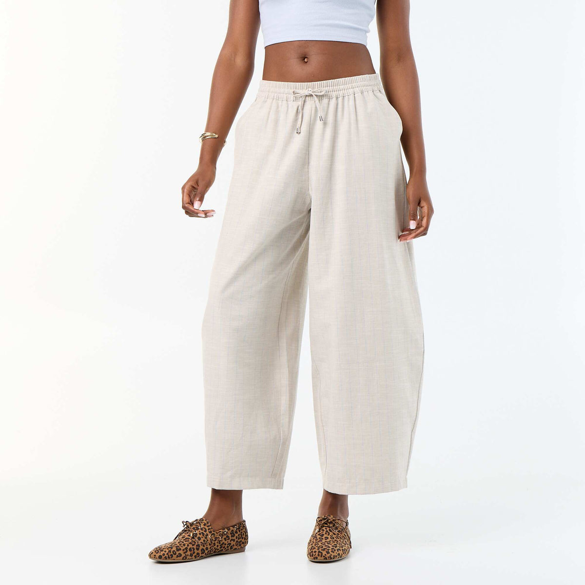 High-waisted wide-leg linen blend pants BEIGE