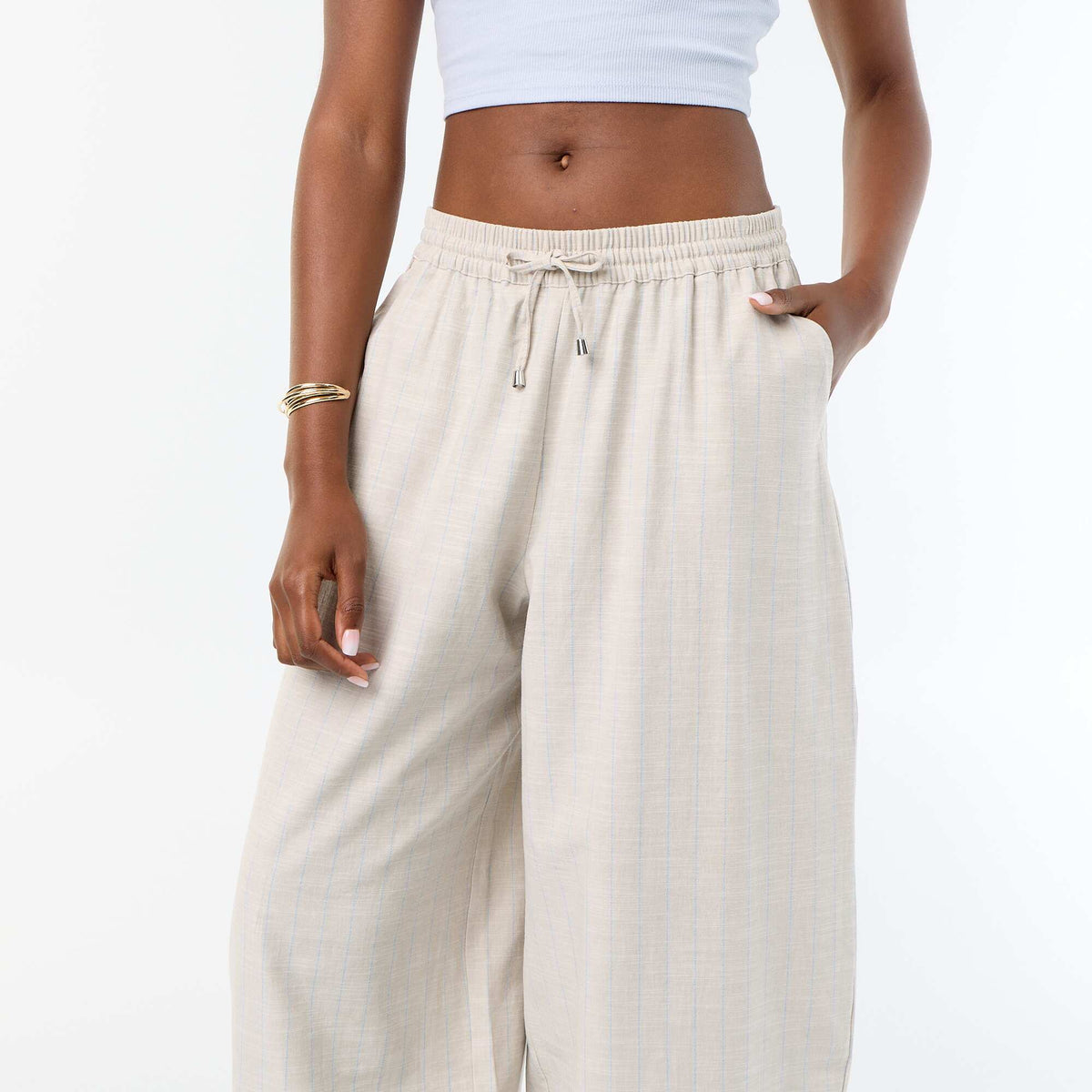 High-waisted wide-leg linen blend pants BEIGE