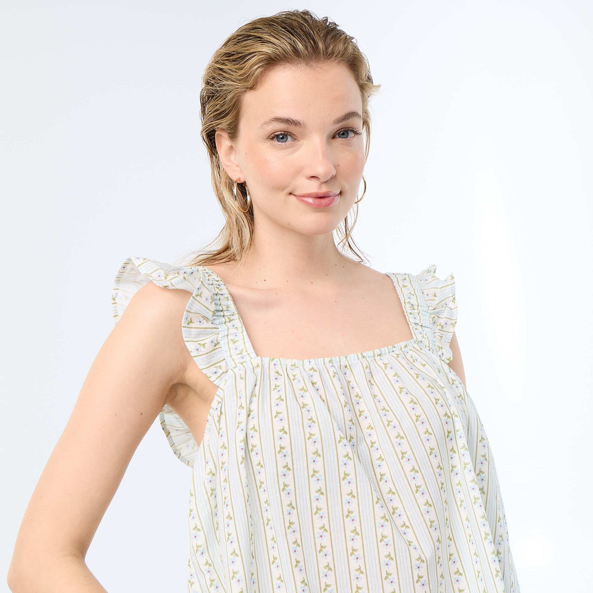 Printed top with ruffled straps BLUE