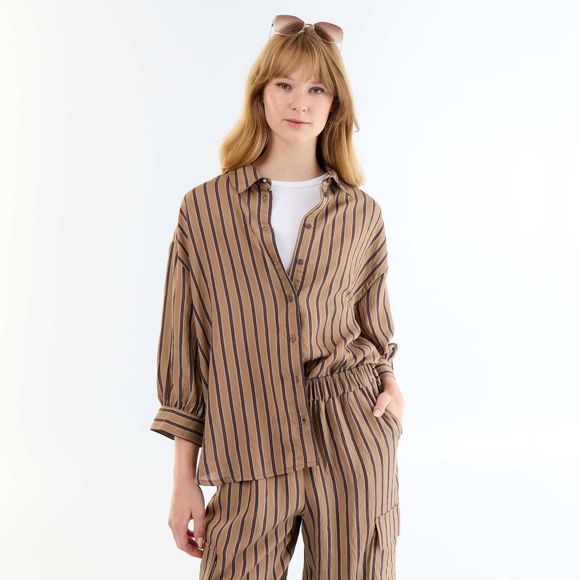 Fluid Striped Balloon Sleeve Shirt DARK BROWN