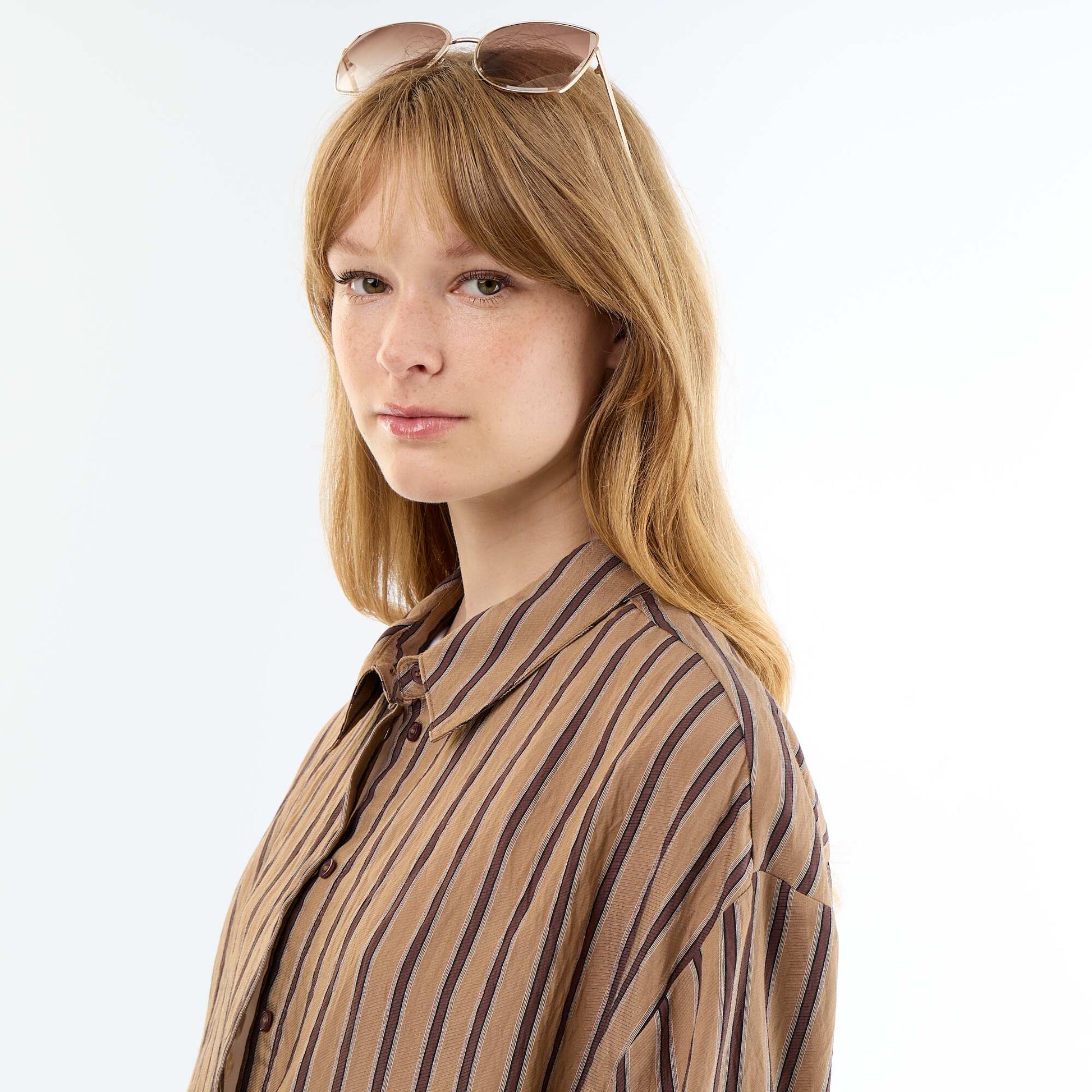 Fluid Striped Balloon Sleeve Shirt DARK BROWN