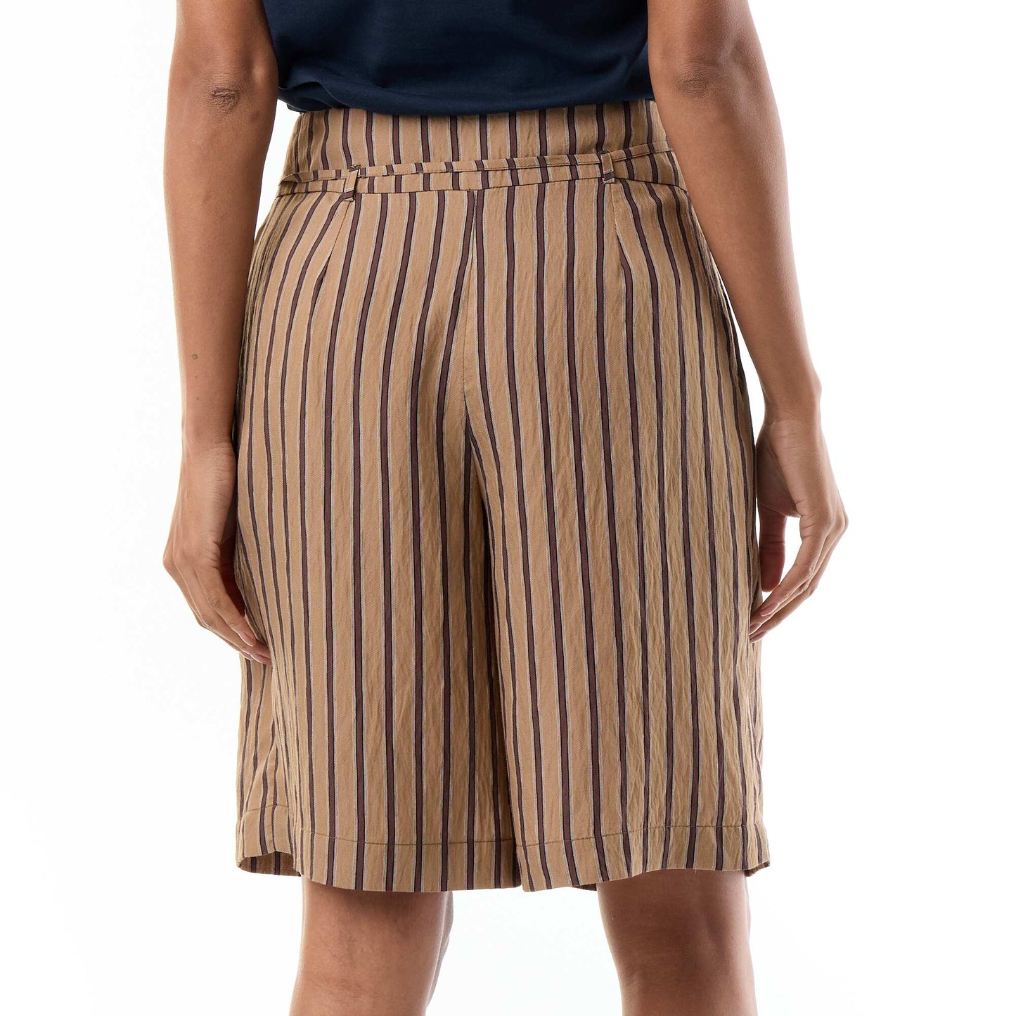 Wide-leg striped high-waisted Bermuda shorts BEIGE