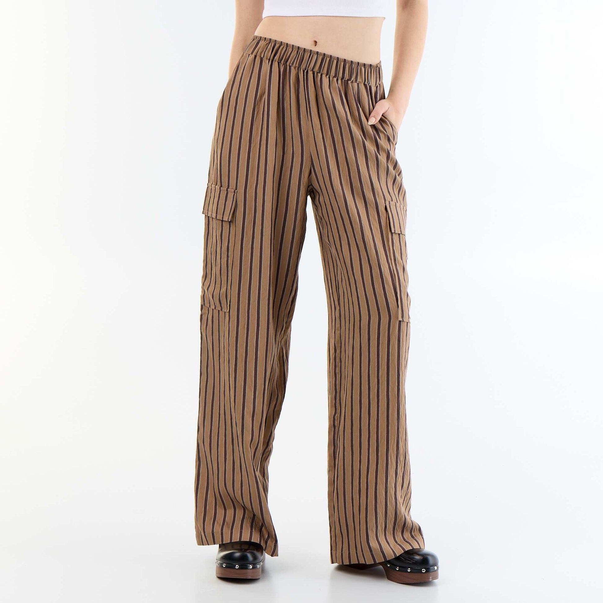 Wide-Leg Striped Trousers with Flap Pockets DARK BROWN
