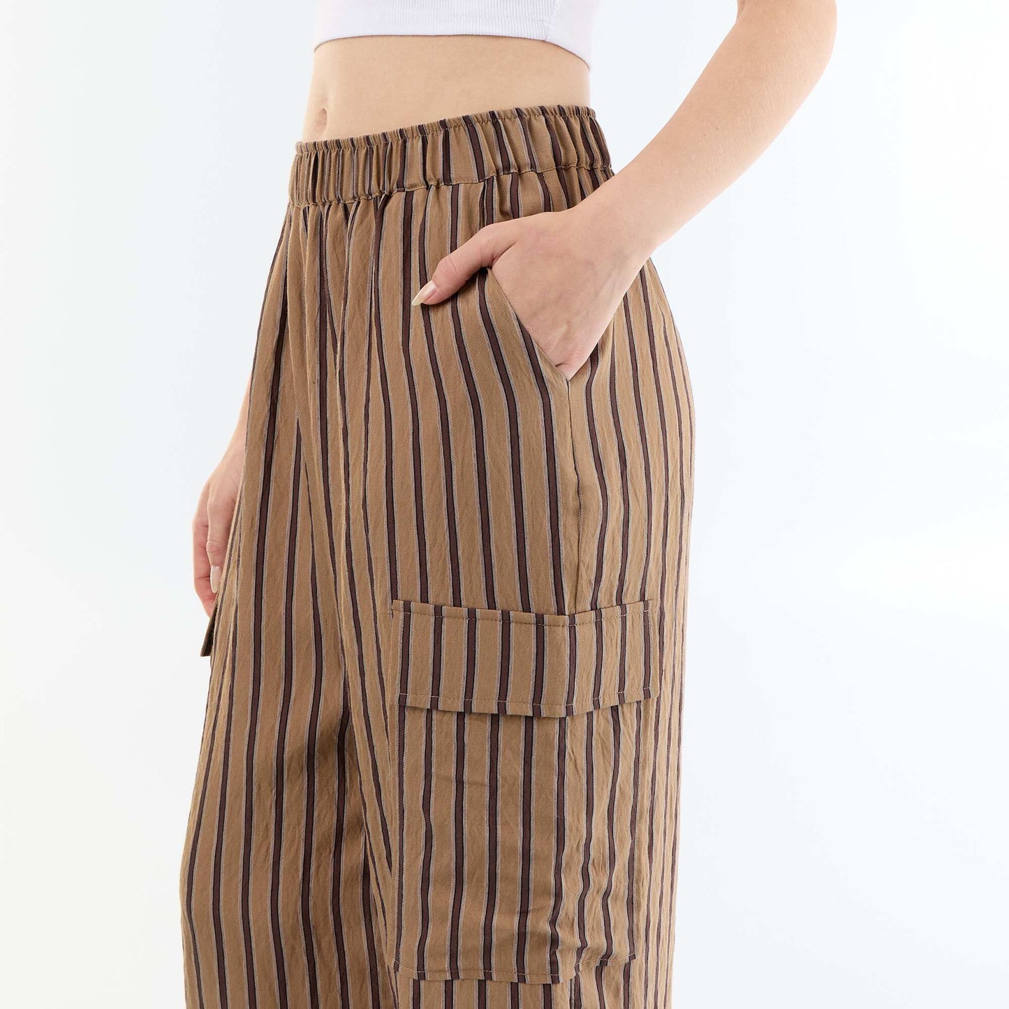 Wide-Leg Striped Trousers with Flap Pockets DARK BROWN