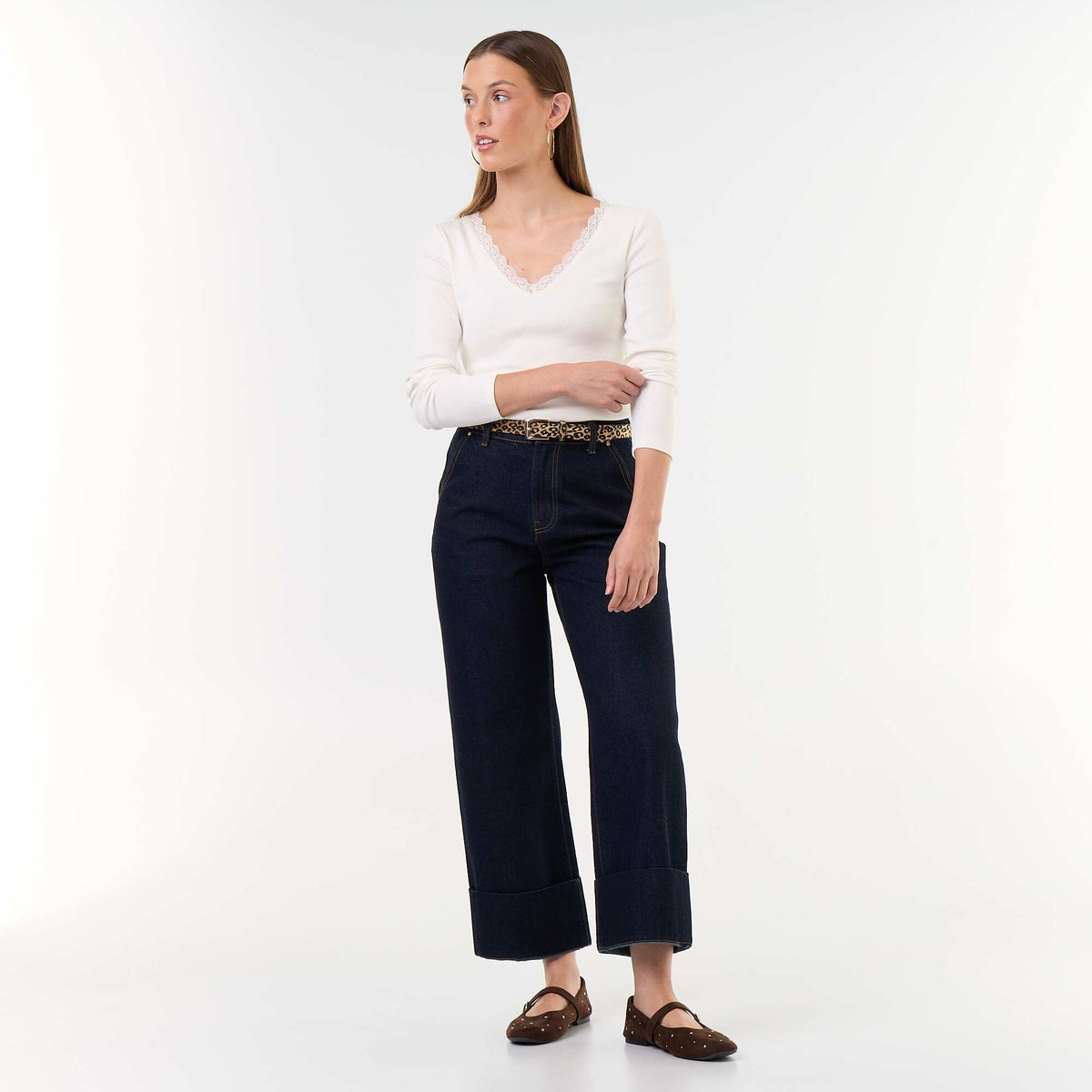 Plain Wide-Leg Denim Jeans with Wide Turn-Up Hems BLUE
