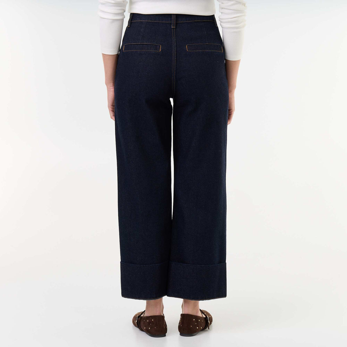 Plain Wide-Leg Denim Jeans with Wide Turn-Up Hems BLUE