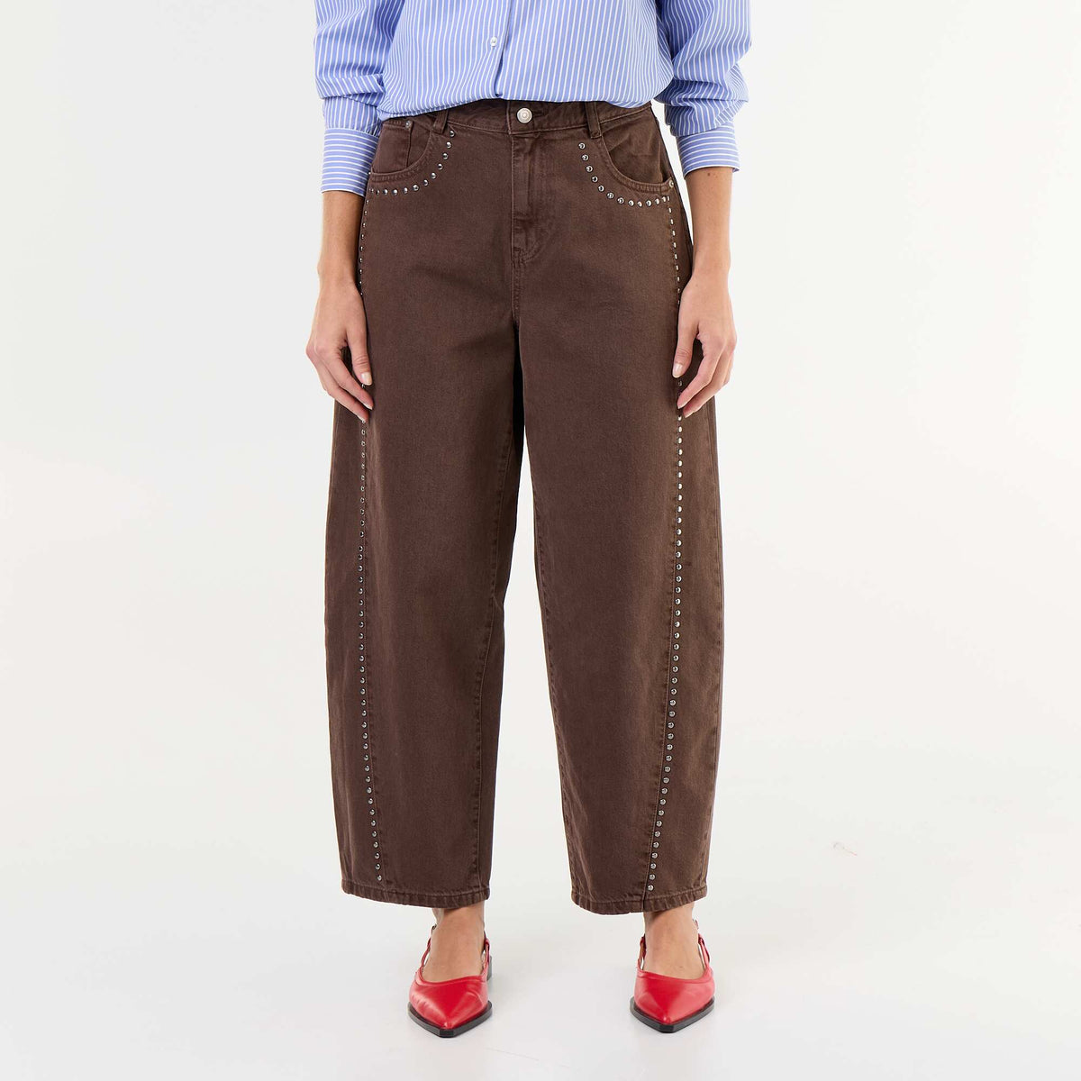 Studded Barrel Trousers BROWN