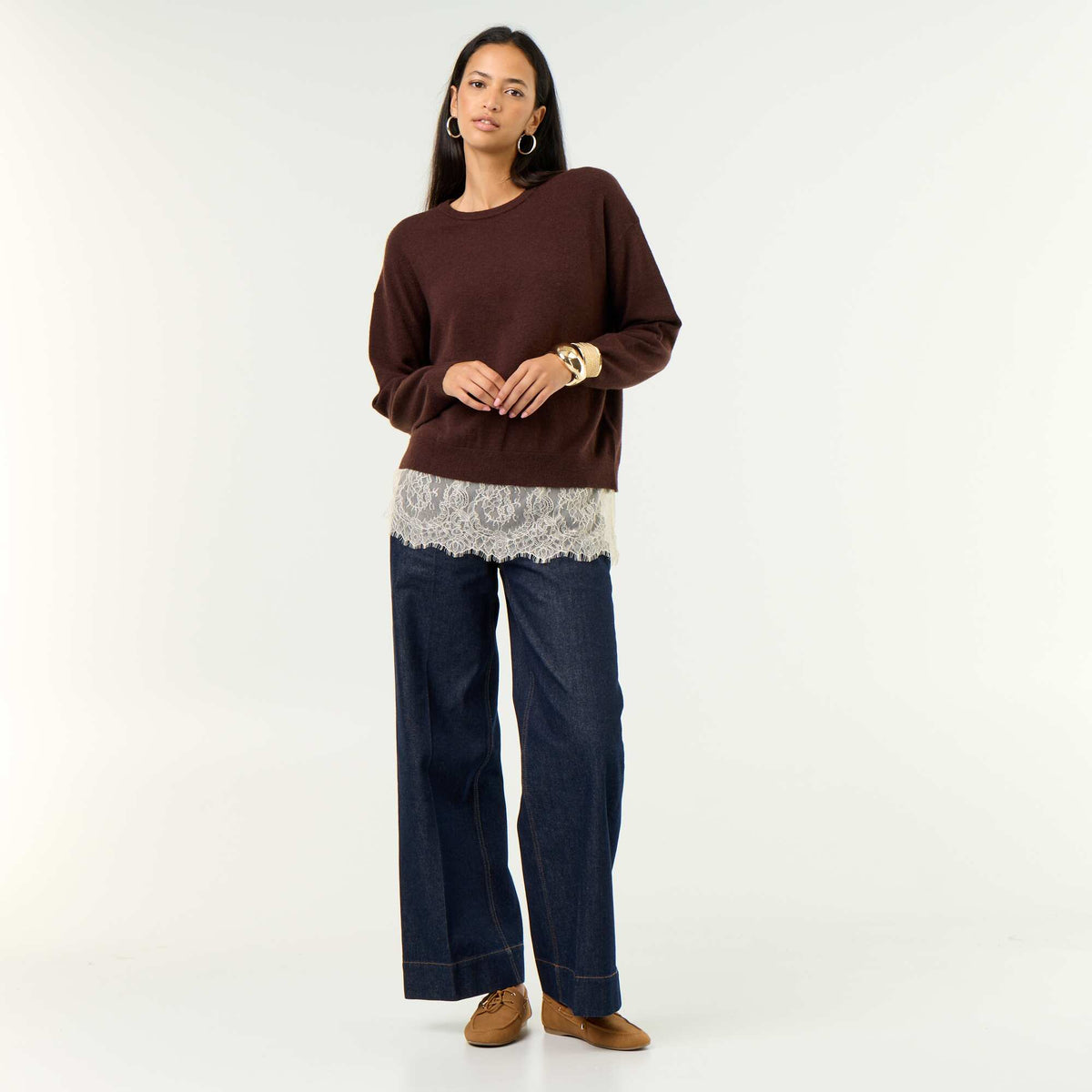 Lace-Inset Sweater BROWN