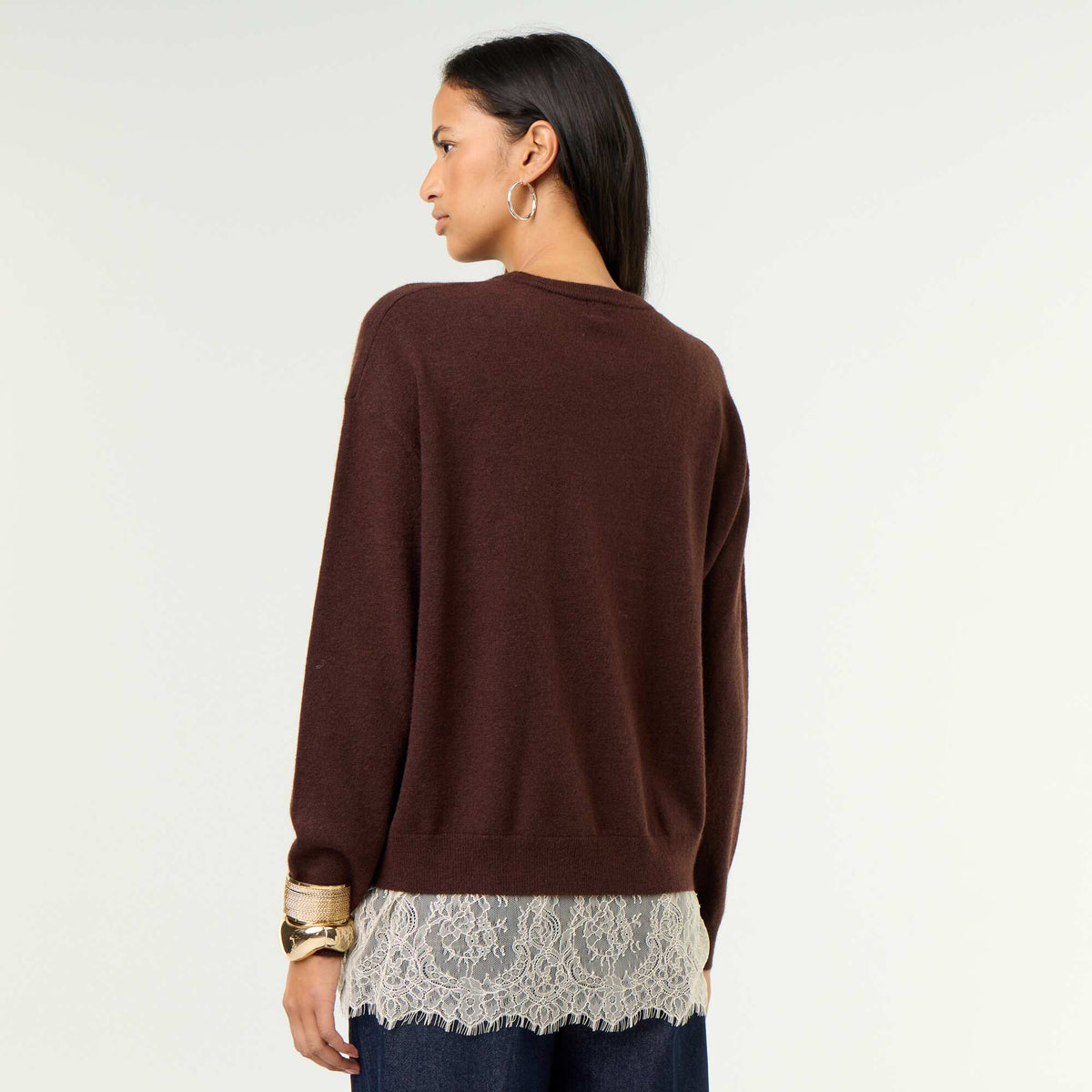 Lace-Inset Sweater BROWN