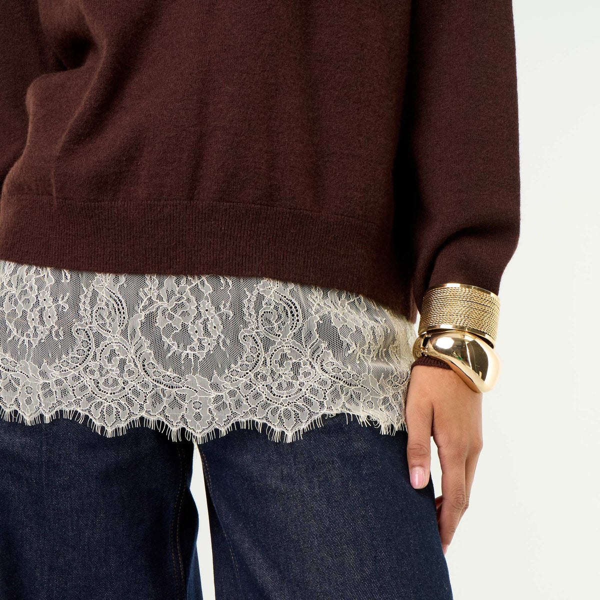 Lace-Inset Sweater BROWN