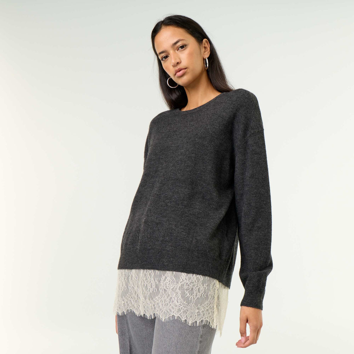 Lace-Inset Sweater GREY