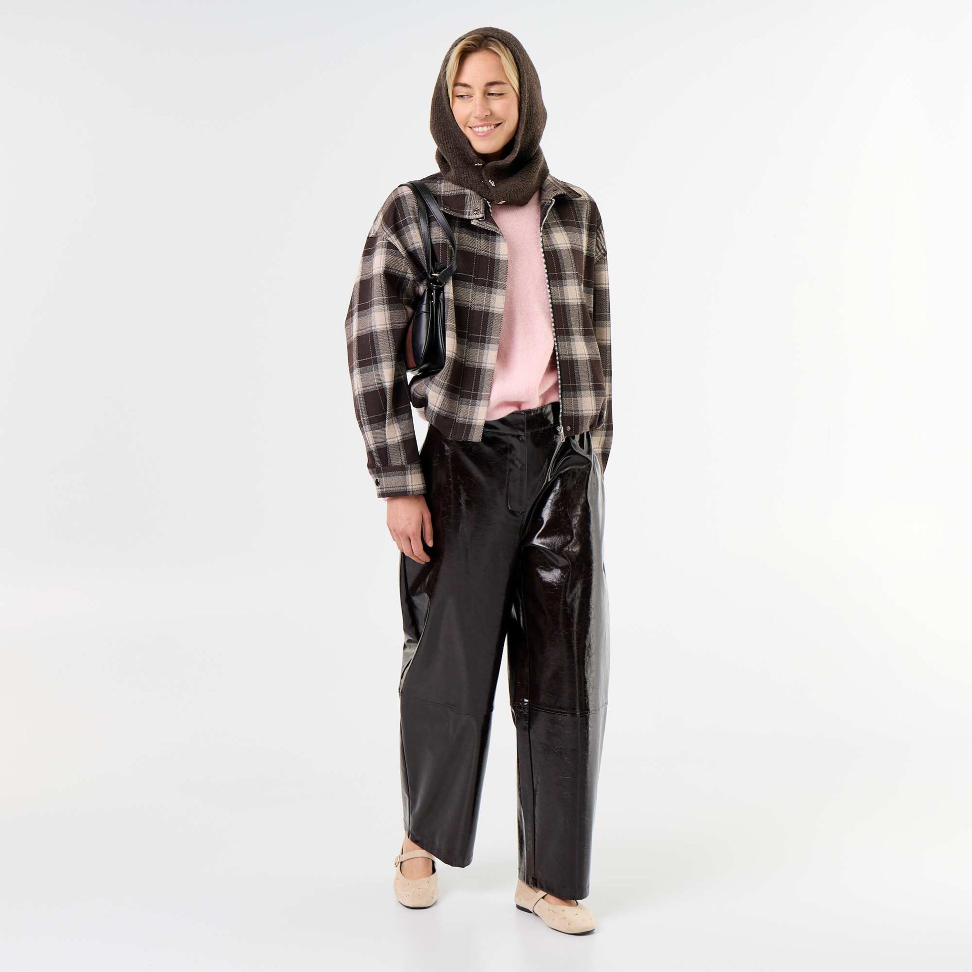 Faux Leather Barrel Pants BROWN