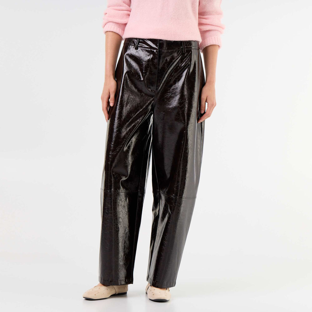 Faux Leather Barrel Pants BROWN