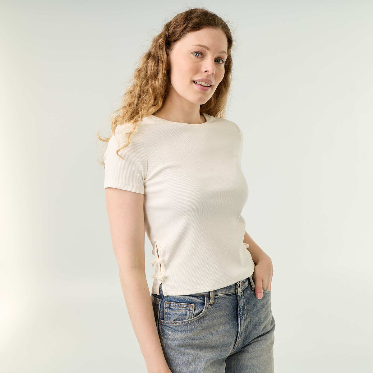 Plain Ribbed Knit T-shirt WHITE