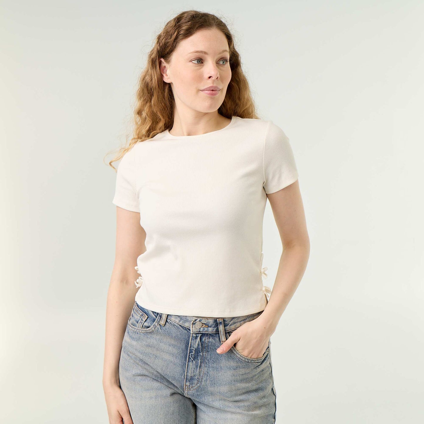 Plain Ribbed Knit T-shirt WHITE