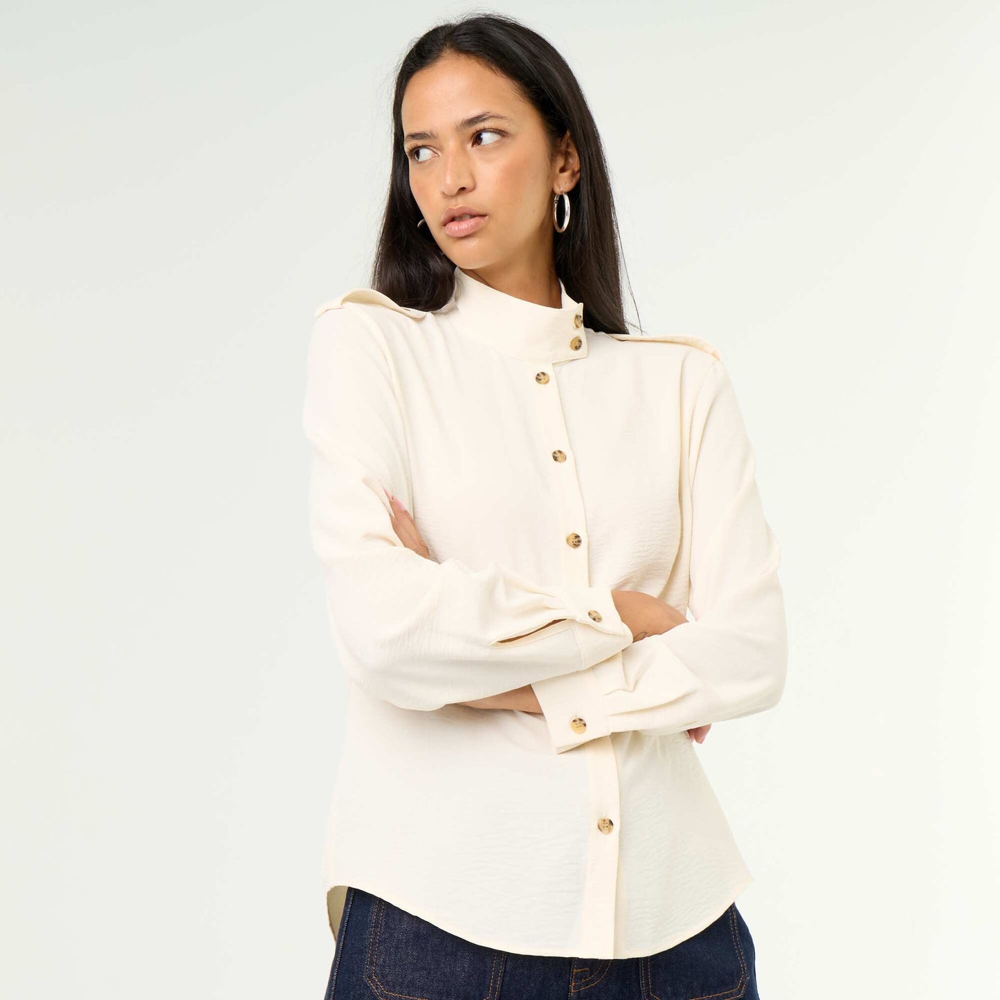 High-Neck Blouse with Shoulder Panels WHITE