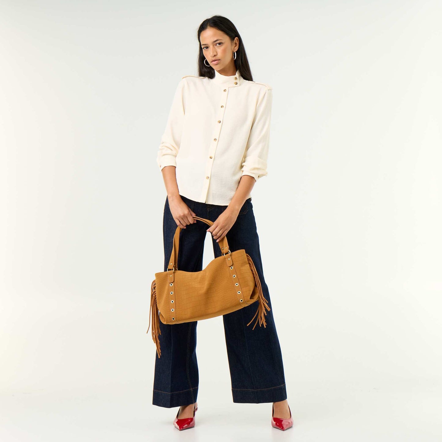 High-Neck Blouse with Shoulder Panels WHITE