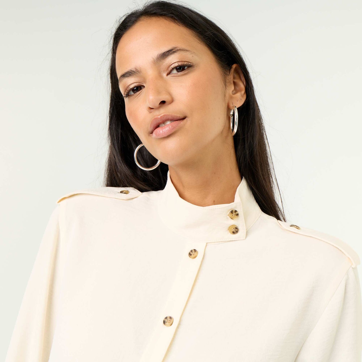 High-Neck Blouse with Shoulder Panels WHITE