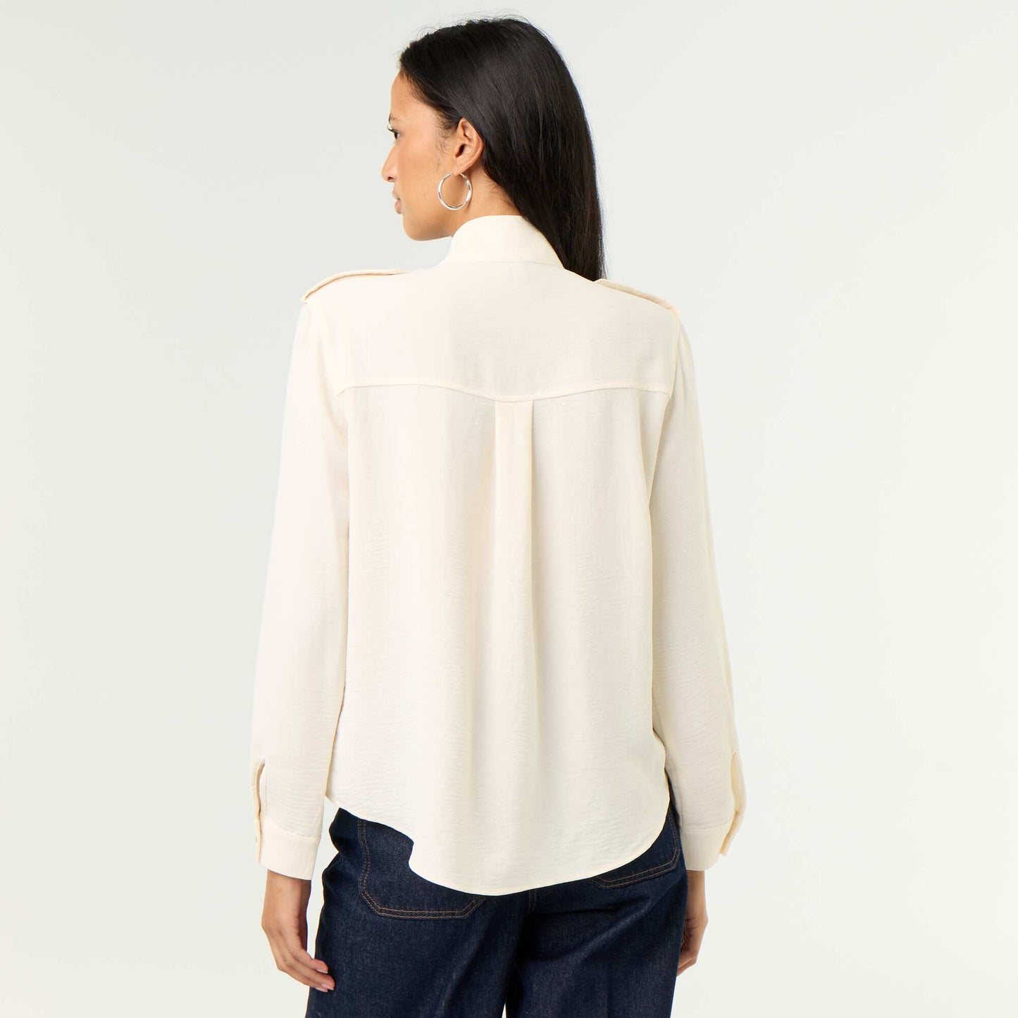 High-Neck Blouse with Shoulder Panels WHITE
