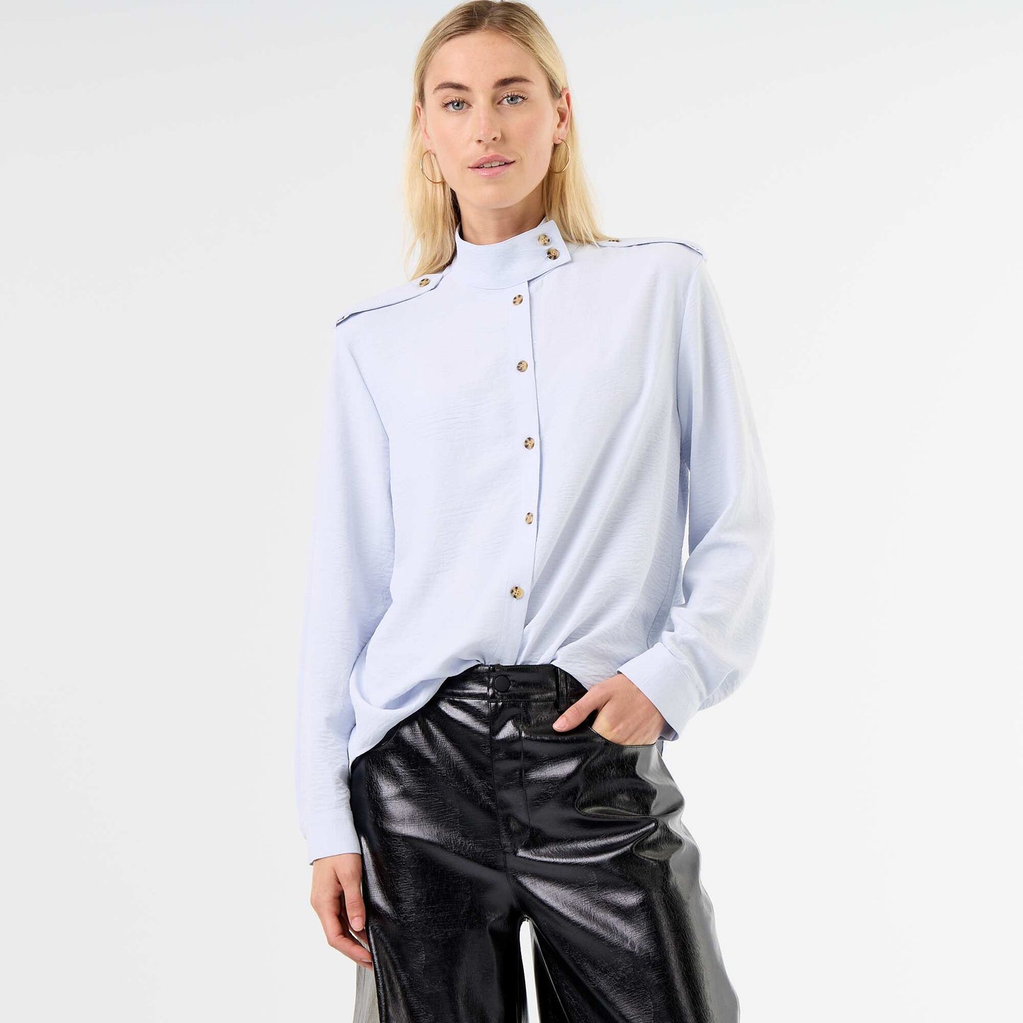 High-Neck Blouse with Shoulder Panels BLUE