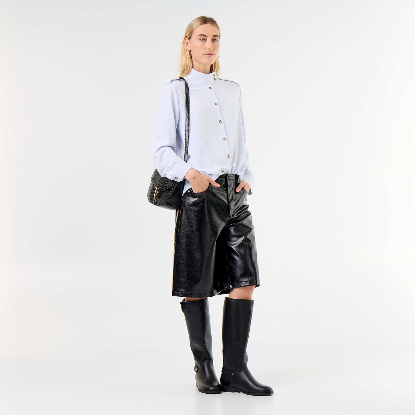 High-Neck Blouse with Shoulder Panels BLUE