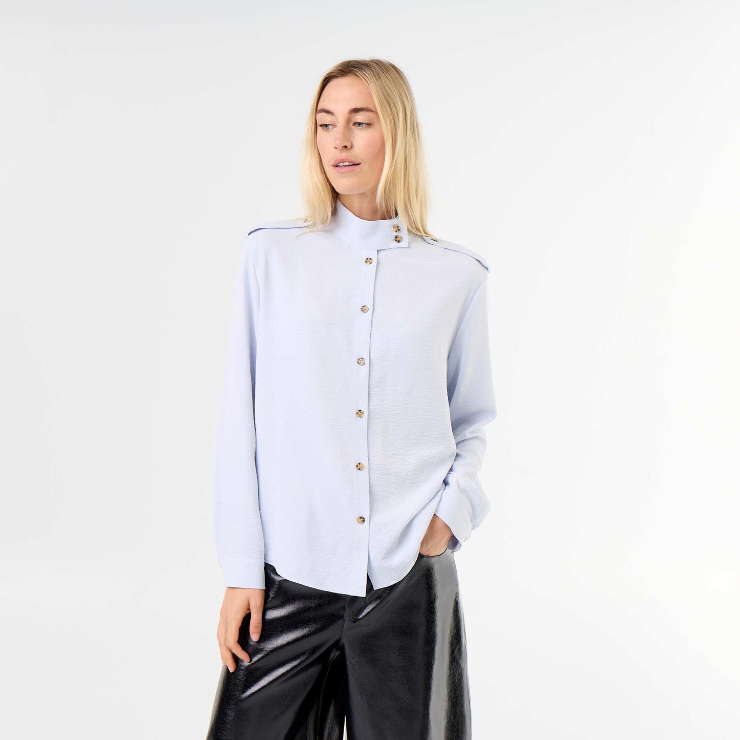 High-Neck Blouse with Shoulder Panels BLUE