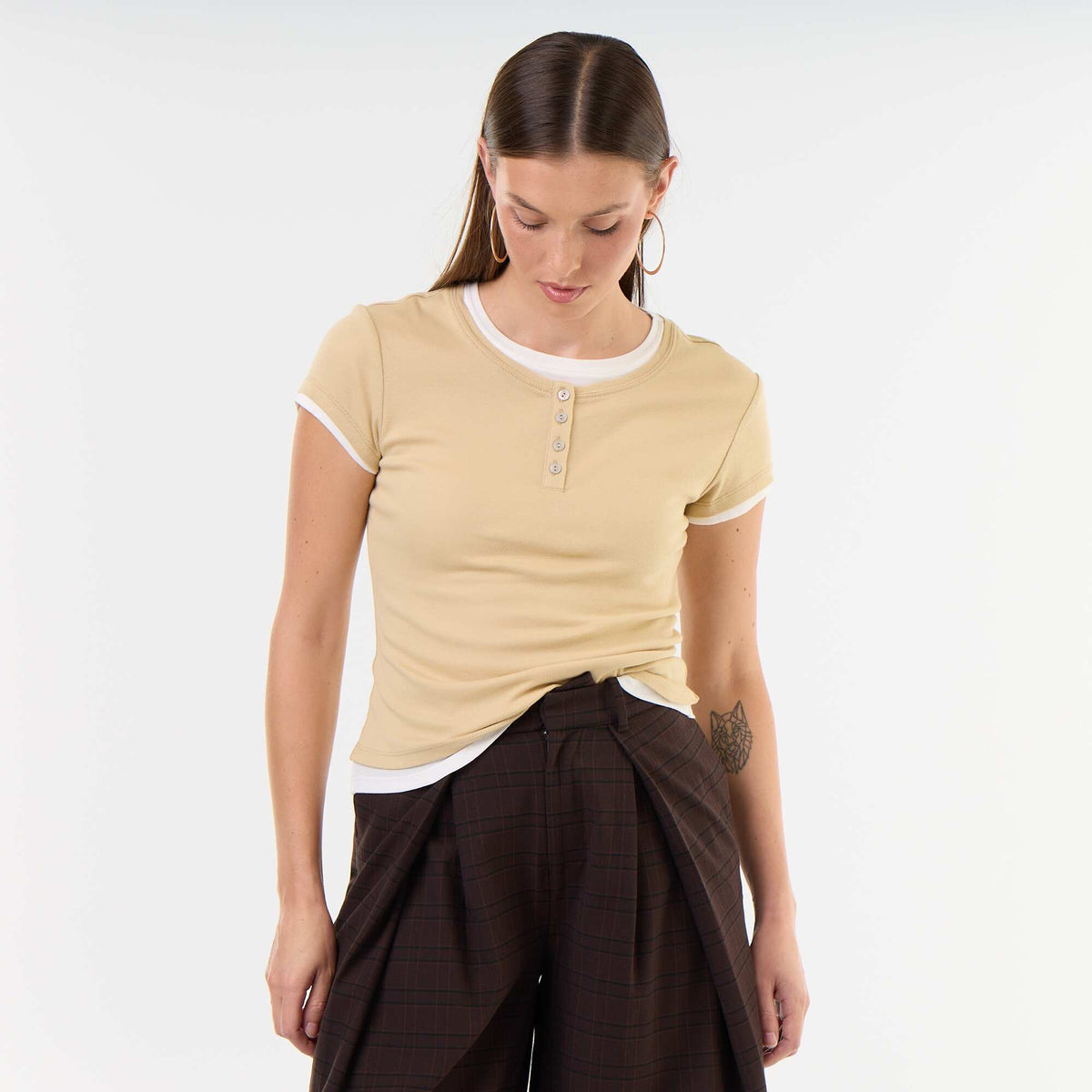 Short-sleeved 2-in-1 effect T-shirt BEIGE