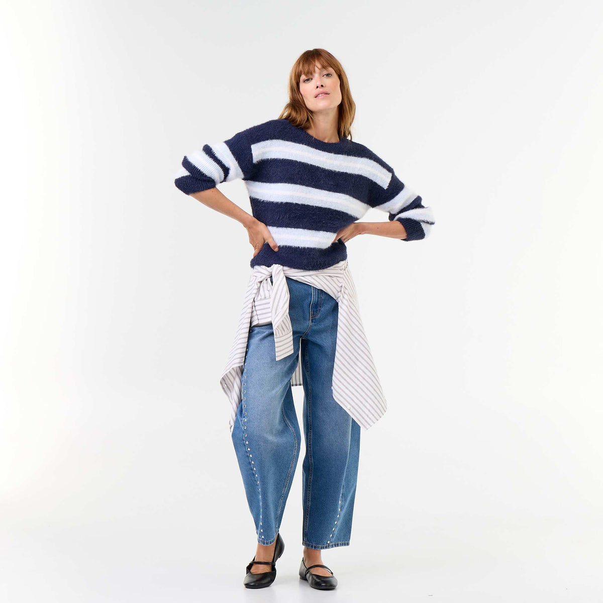 Fuzzy striped round-neck sweater BLUE